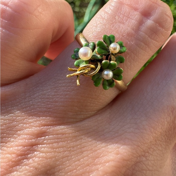 Rare!! Antique solid 10k  pin conversion  4 leaf clover genuine seed pearl ring - Picture 10 of 16
